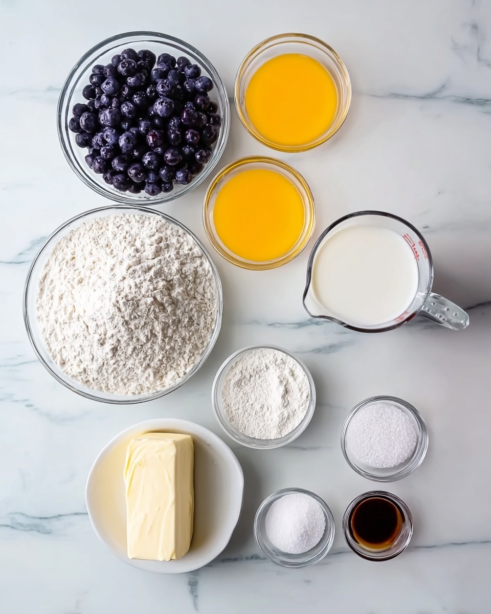 The image shows several clear glass and white bowls on a white marbled surface, each filled with different ingredients. At the top left is a clear bowl filled with dark purple frozen blueberries, next to two smaller clear bowls with a smooth orange yellow liquid. To the right is a clear measuring cup filled with white milk. Below these is a large clear bowl piled high with white flour. At the left bottom side of the image is a stick of butter in its wrapper, beside a white bowl filled with white granulated sugar. Along the bottom right, from left to right, are three small clear bowls holding salt and baking powder, dark brown vanilla extract, white granulated sugar, more white baking powder, and white salt. Everything rests on a clean white marbled surface. Photo taken with an iphone --ar 4:5 --v 7
