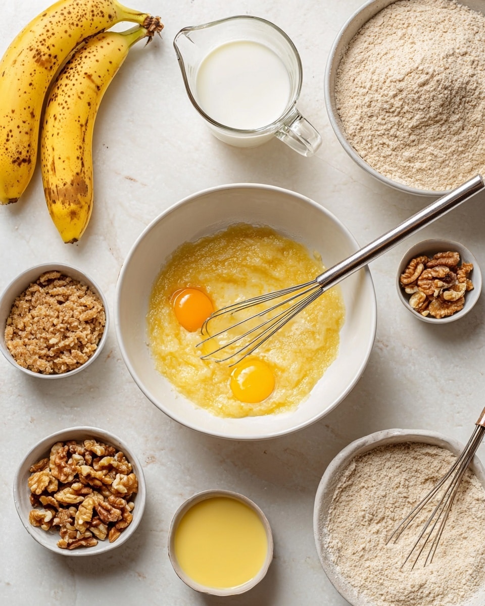 A top view of a white bowl in the center filled with a mix of mashed yellow bananas and two whole raw eggs with shiny yolks, alongside a metal whisk resting inside. Around the bowl, there are small white bowls holding cracked walnuts, flaxseed meal with a crumbly texture, and a smooth yellow liquid, all placed on a white marbled surface. A clear glass measuring cup filled with white milk sits next to the banana bowl, beside two ripe bananas with brown spots. Another larger white bowl containing a beige flour mixture with a metal whisk completes the scene. Photo taken with an iphone --ar 4:5 --v 7