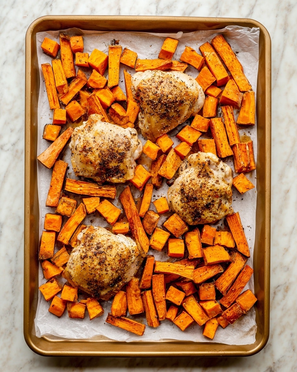 A gold baking tray lined with white parchment paper holds a single layer of food: four pieces of cooked, light brown chicken thighs, each seasoned with black and red spices and placed evenly. Around the chicken are chopped orange sweet potato pieces in two shapes—small cubes and long sticks—also seasoned with black pepper and spices. The orange pieces are scattered close to the chicken but not overlapping. The tray sits on a white marbled surface. photo taken with an iphone --ar 4:5 --v 7