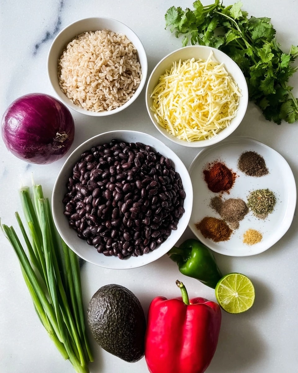 The image shows several ingredients for a dish arranged on a white marbled surface. In the center is a white bowl filled with dark black beans. Above it to the left is another white bowl filled with light brown rice, and next to that is a white bowl with shredded pale yellow cheese. To the right, there is a white plate holding different powdered spices arranged in small piles, along with a lime and a green chili pepper. Fresh green cilantro and green onion stalks lie above the plate. Around the bowls are whole vegetables including a dark purple onion at the bottom left, a dark green avocado nearby, and a bright red bell pepper at the bottom right. photo taken with an iphone --ar 4:5 --v 7
