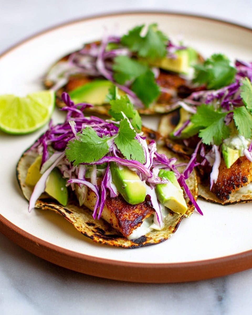 Three small tacos sit on a white plate with a brown rim, placed on a white marbled surface. Each taco has a golden-brown grilled piece of fish as the bottom layer on a soft, lightly charred tortilla. On top, there is a mix of thin purple and white cabbage shredded into thin strips, adding a bright contrast. Slices of light green avocado and leafy green cilantro sit on top of the cabbage, while in the background a small wedge of pale green lime is placed on the plate near the tacos. The colors are vibrant and fresh, showing a mix of purple, green, white, and brown. Photo taken with an iphone --ar 4:5 --v 7