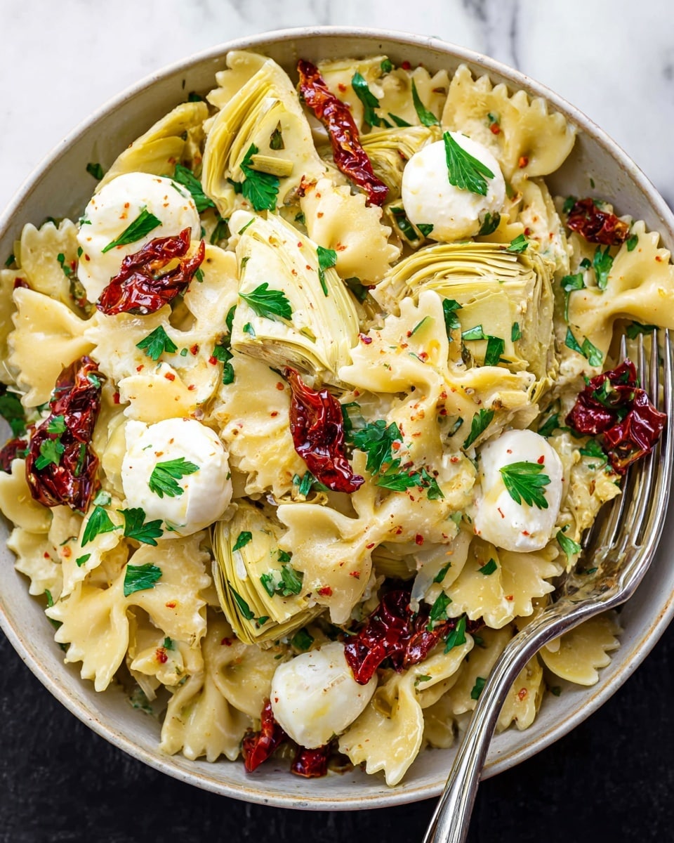 A bowl filled with creamy light-yellow farfalle pasta layered with sliced artichoke hearts that are pale yellow and textured with tight leaves. Scattered among the pasta and artichokes are glossy dark red sun-dried tomatoes and round white mozzarella slices, each topped with a small bright green parsley leaf. Fresh green parsley sprigs are spread evenly over the dish, adding a pop of color. A silver fork is placed inside the bowl on the right side, resting on the food. The bowl itself is white and sits on a white marbled surface. Photo taken with an iphone --ar 4:5 --v 7