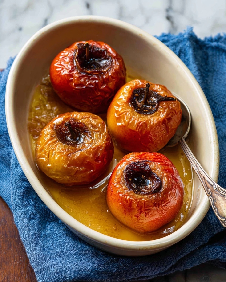 The image shows four baked apples arranged in a close group on a shiny baking dish with a silver spoon in the background. Each apple has a wrinkled, deep red and orange skin from baking. Three apples have a dark, caramelized top where the core was removed, showing a slightly burnt sugary filling. One apple stands out with a scoop of white ice cream melting on top, creating drips down its sides. The apples have a soft, juicy look with the ice cream adding a creamy texture. The dish sits on a white marbled surface. Photo taken with an iphone --ar 4:5 --v 7