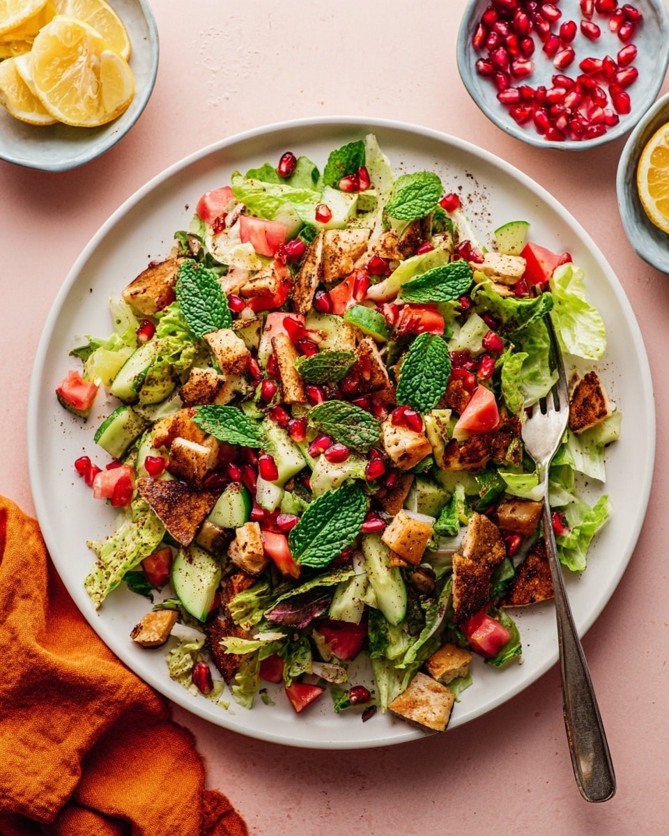 A white plate filled with a colorful salad, showing several layers of ingredients including chopped green lettuce, fresh green mint leaves on top, red pomegranate seeds scattered throughout, diced red tomatoes, small cubes of cucumber, and light brown toasted pita pieces mixed evenly. The salad is sprinkled with dark spices over everything. A silver fork rests on the plate, partly on the salad. Around the plate are small white and blue dishes holding lemon wedges and more pomegranate seeds, set on a soft pink background with a folded orange cloth to one side. photo taken with an iphone --ar 4:5 --v 7