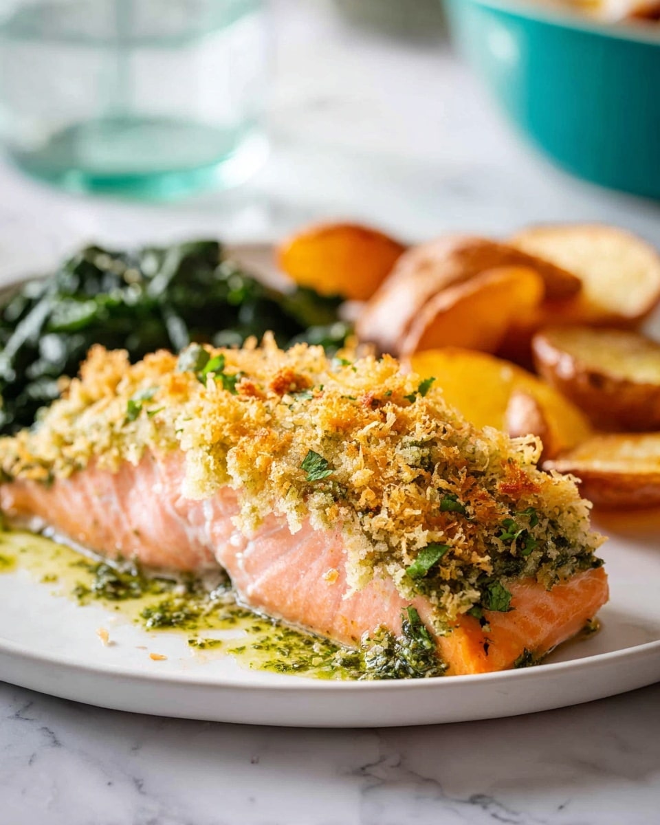 A white plate holds a piece of salmon fish with three clear layers: the bottom layer is light pink cooked salmon, the middle layer is a green herb sauce drizzled unevenly, and the top layer is a golden brown crispy breadcrumb topping with small bits of green herbs mixed in. Behind the salmon, there are roasted potato slices with a light brown and orange color and a side of cooked dark green leafy vegetables. The plate is on a white marbled surface, with a glass and a teal bowl blurred in the background. Photo taken with an iphone --ar 4:5 --v 7