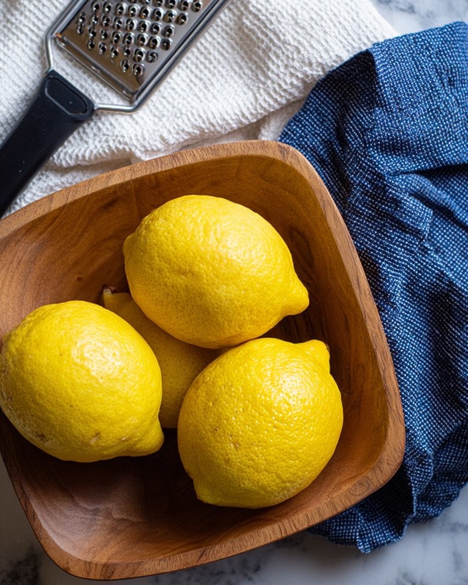 Four bright yellow lemons with textured skin sit closely inside a wooden square bowl with rounded edges, showing warm brown hues and smooth grain. To the upper left of the bowl, a metal grater with a black handle lies on a white marbled surface, partially covered by a white waffle-textured cloth and a blue fabric with small white checks. The whole scene is softly lit, highlighting the fresh lemons and natural wood tones. photo taken with an iphone --ar 4:5 --v 7