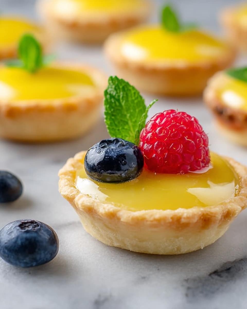 The image shows small lemon tarts arranged on a white marbled surface, each tart with a pale golden crust holding a smooth, shiny yellow lemon filling. One tart in the front is topped with a bright red raspberry, a dark blue blueberry, and a small green mint leaf, creating a colorful contrast. Other tarts and blueberries are scattered in the background, softly out of focus, giving depth to the image. The light highlights the glossy texture of the lemon filling and the fresh look of the berries, with a close-up perspective that emphasizes the tart's layers and colors. Photo taken with an iphone --ar 4:5 --v 7