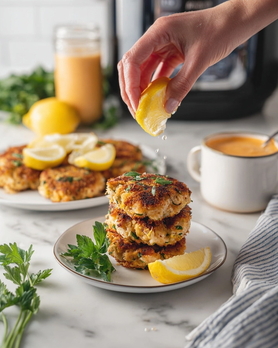 A stack of three golden-brown, crispy patties with visible bits of herbs and chicken sits centered on a white plate, garnished with a small green parsley leaf and a bright yellow lemon wedge on the side. In the background, a white plate holds several more patties topped with lemon wedges and greens. A woman's hand is squeezing a lemon half above the stack, sending droplets of lemon juice toward the patties. Nearby, there is a white cup of creamy orange sauce and a jar of sauce in soft focus. Fresh lemon halves and a bunch of parsley lay on a white marbled surface, along with a folded striped cloth. A black kitchen appliance is blurred in the far background. The light is bright and natural, highlighting the textures. photo taken with an iphone --ar 4:5 --v 7