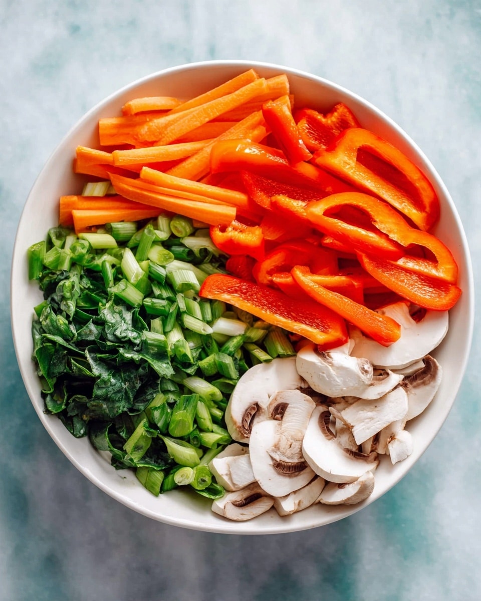 A white bowl filled with four sections of fresh vegetables arranged side by side in a circular shape. At the top right, there are bright orange-red sliced bell peppers with a glossy texture. To the top left, there are thin, long, and vibrant orange carrot sticks. At the bottom left, there is a mix of chopped fresh green leafy vegetables and chopped green onions, showing various green shades and a slightly leafy texture. The bottom right section contains sliced white mushrooms with smooth caps. The bowl is placed on a white marbled surface. photo taken with an iphone --ar 4:5 --v 7