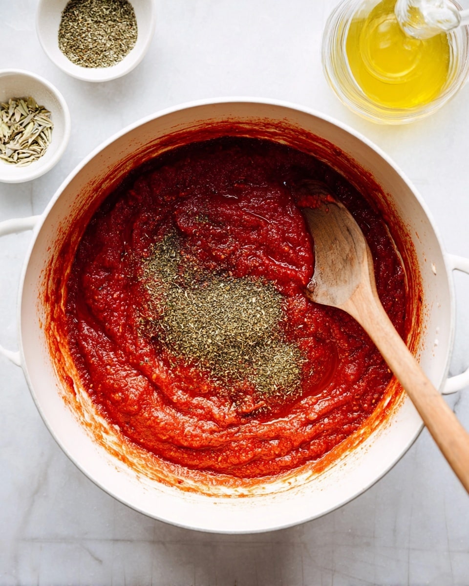 A white pot filled with thick, red tomato sauce that has a rough texture. On top of the sauce, there is a pile of dried green herbs placed slightly off-center. A wooden spoon with a light brown handle rests inside the pot, partly covered in the red sauce. The pot sits on a white marbled surface. Nearby, there are small white bowls with dried herbs and a clear glass container with yellow oil. photo taken with an iphone --ar 4:5 --v 7