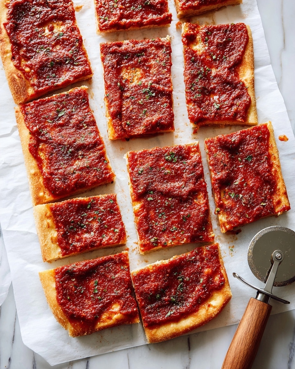 A rectangular pizza is cut into 14 pieces of different sizes, each piece showing a thick, soft, light golden crust base topped with a smooth layer of deep red tomato sauce spread evenly, with subtle texture from herbs sprinkled on top. The pizza pieces are placed on white parchment paper on a white marbled surface. A pizza cutter with a wooden handle and shiny round blade is partly visible in the bottom right corner. Photo taken with an iphone --ar 4:5 --v 7