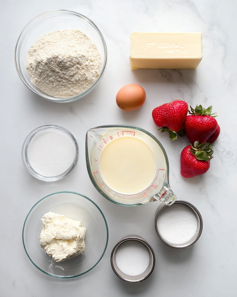 The image shows a top-down view of various baking ingredients neatly arranged on a white marbled surface. There is a clear glass bowl filled with a light beige powdery flour at the top left, a rectangular stick of butter to the right of it, and an egg in a small clear glass bowl below the butter. Below the egg, there is a larger glass measuring cup filled with a pale yellow liquid, and three ripe red strawberries with green leaves are placed to the right side of the cup. On the bottom left, a small dollop of cream cheese rests on a transparent glass plate, while a small metal bowl filled with white sugar is above it. A tiny glass bowl with white salt is positioned between the cream cheese and flour, and a small metal bowl of baking powder is at the bottom center. Everything is spaced apart clearly on the clean white marbled background, giving a very fresh and organized look. Photo taken with an iphone --ar 4:5 --v 7