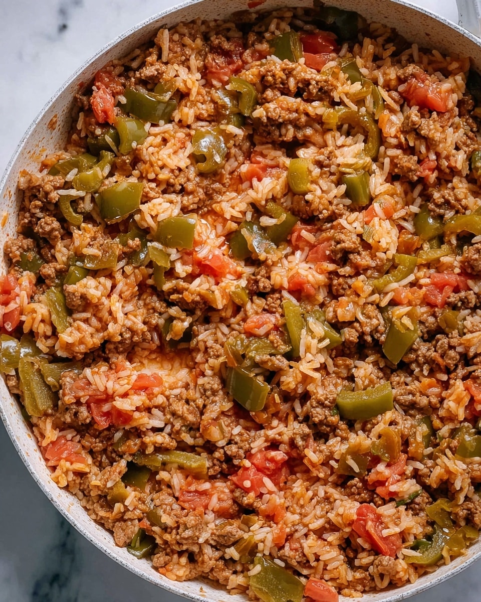 A close-up view of a white skillet filled with a mixed dish of cooked ground meat, diced green bell peppers, cooked white rice, and visible pieces of red tomatoes. The ingredients are well blended, showing the soft texture of the meat, the slightly firm green pepper chunks, and fluffy rice grains evenly spread throughout. The colors mix earthy brown, vibrant green, bright red, and white, creating a rich and hearty look. The skillet sits on a white marbled surface. photo taken with an iphone --ar 4:5 --v 7