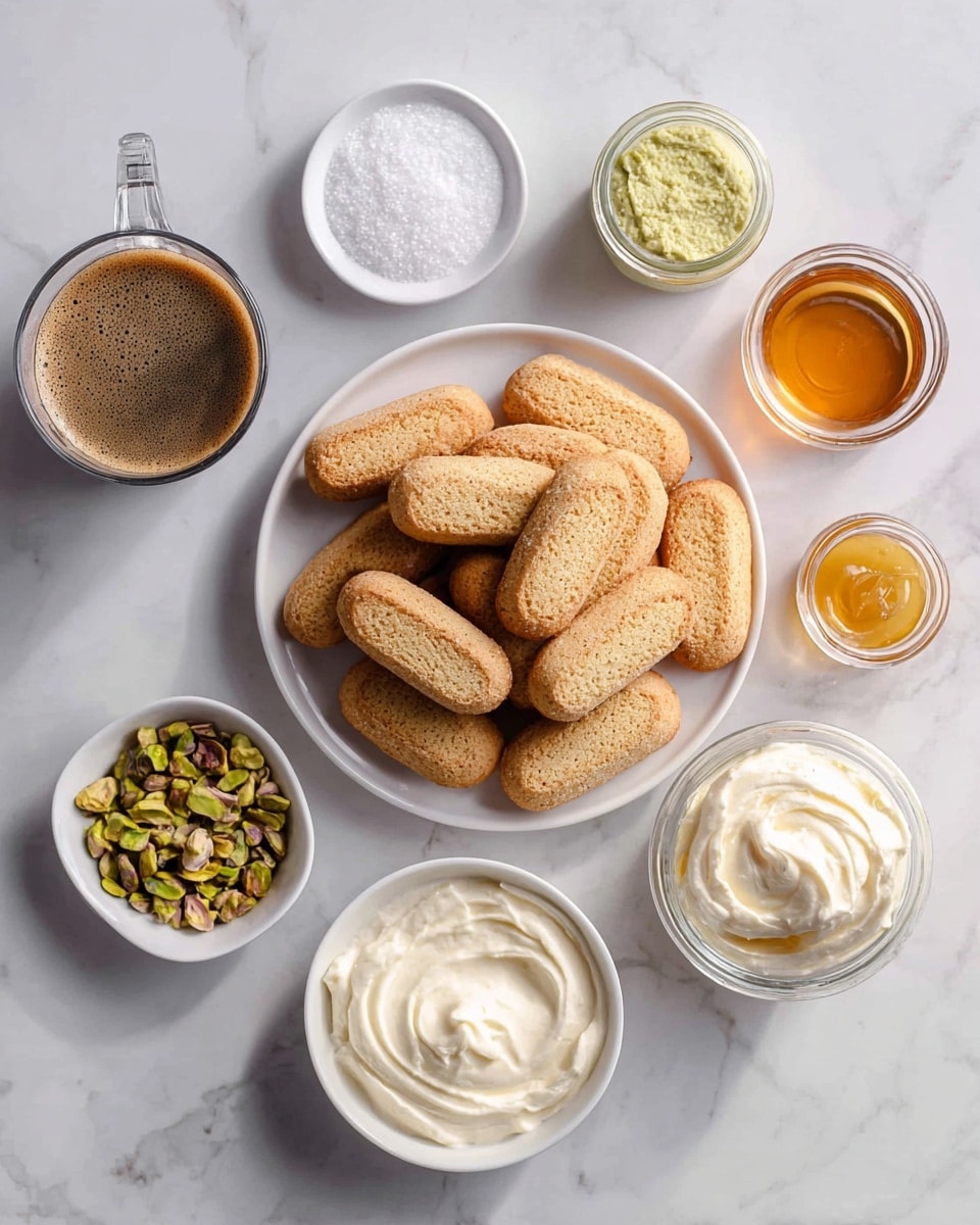 The image shows a white round plate filled with light brown ladyfinger biscuits stacked randomly. Around it, on a white marbled surface, are small white bowls containing white granulated sugar, chopped green pistachios, and creamy white mascarpone cheese with a smooth swirled texture. There is a small glass jug filled with dark brown coffee with froth on top, a small glass jar with light green creamy pistachio paste, and a tiny white bowl of golden honey. Everything is neatly arranged and the scene has soft natural light. photo taken with an iphone --ar 4:5 --v 7