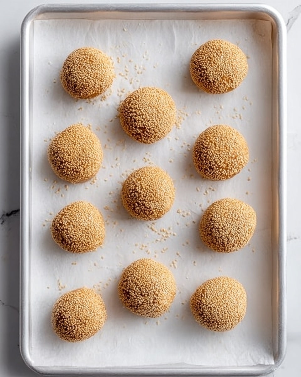 The image shows nine round dough balls on a white baking tray lined with white paper. Each dough ball is evenly covered with a layer of golden sesame seeds, giving a textured, crunchy outer look. The dough balls are spaced apart in a 3 by 3 grid on the tray, with a few loose sesame seeds scattered around them. The light is soft, creating gentle shadows under and around the dough balls. The background is a white marbled texture. Photo taken with an iphone --ar 4:5 --v 7