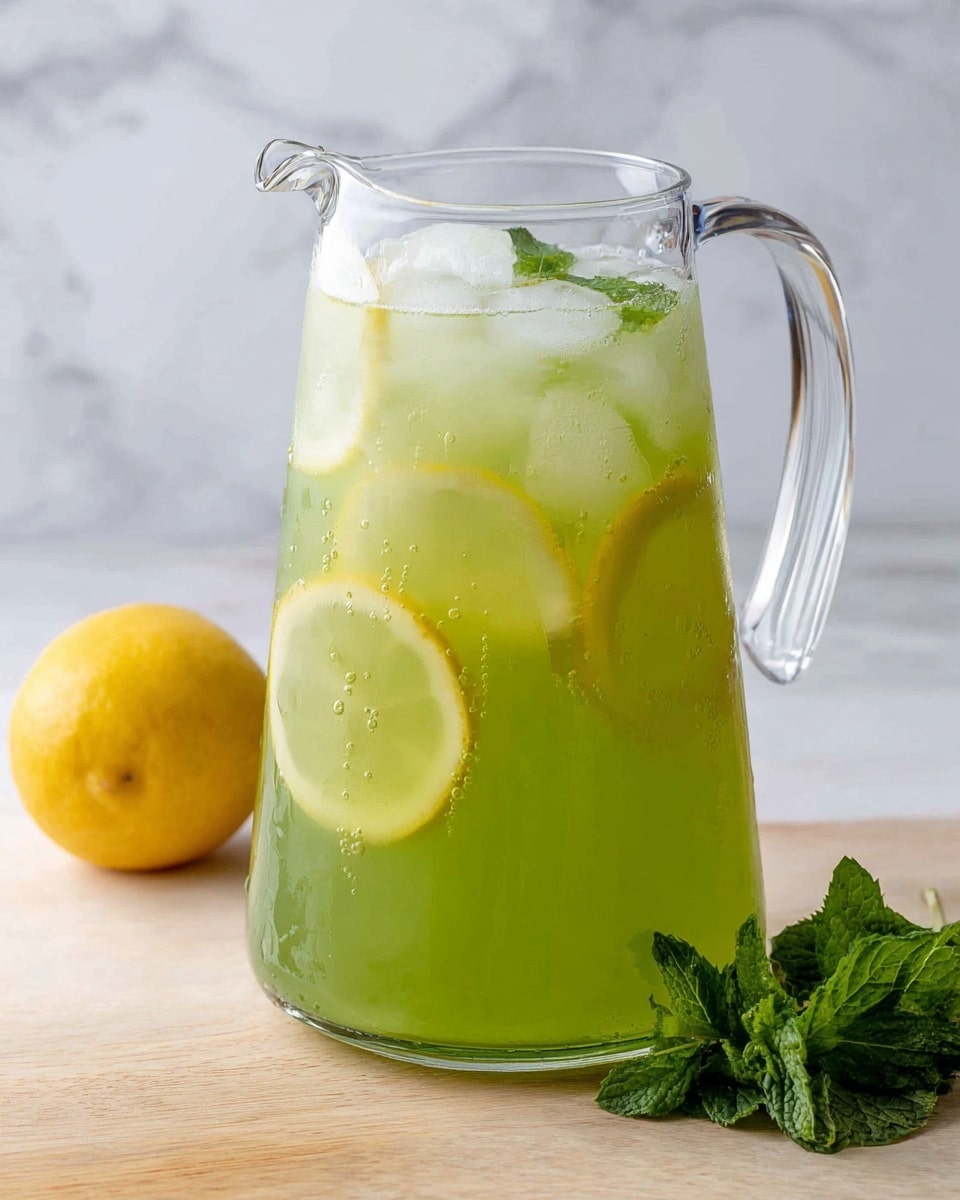 A clear glass pitcher filled with light green liquid mixed with ice cubes and several thin lemon slices floating inside. The green drink appears smooth and fresh, with tiny bubbles near the surface. The pitcher sits on a light wooden table with a whole yellow lemon placed to the left and a small bunch of green mint leaves resting near the base on the right side. The background is a white marbled surface. photo taken with an iphone --ar 4:5 --v 7