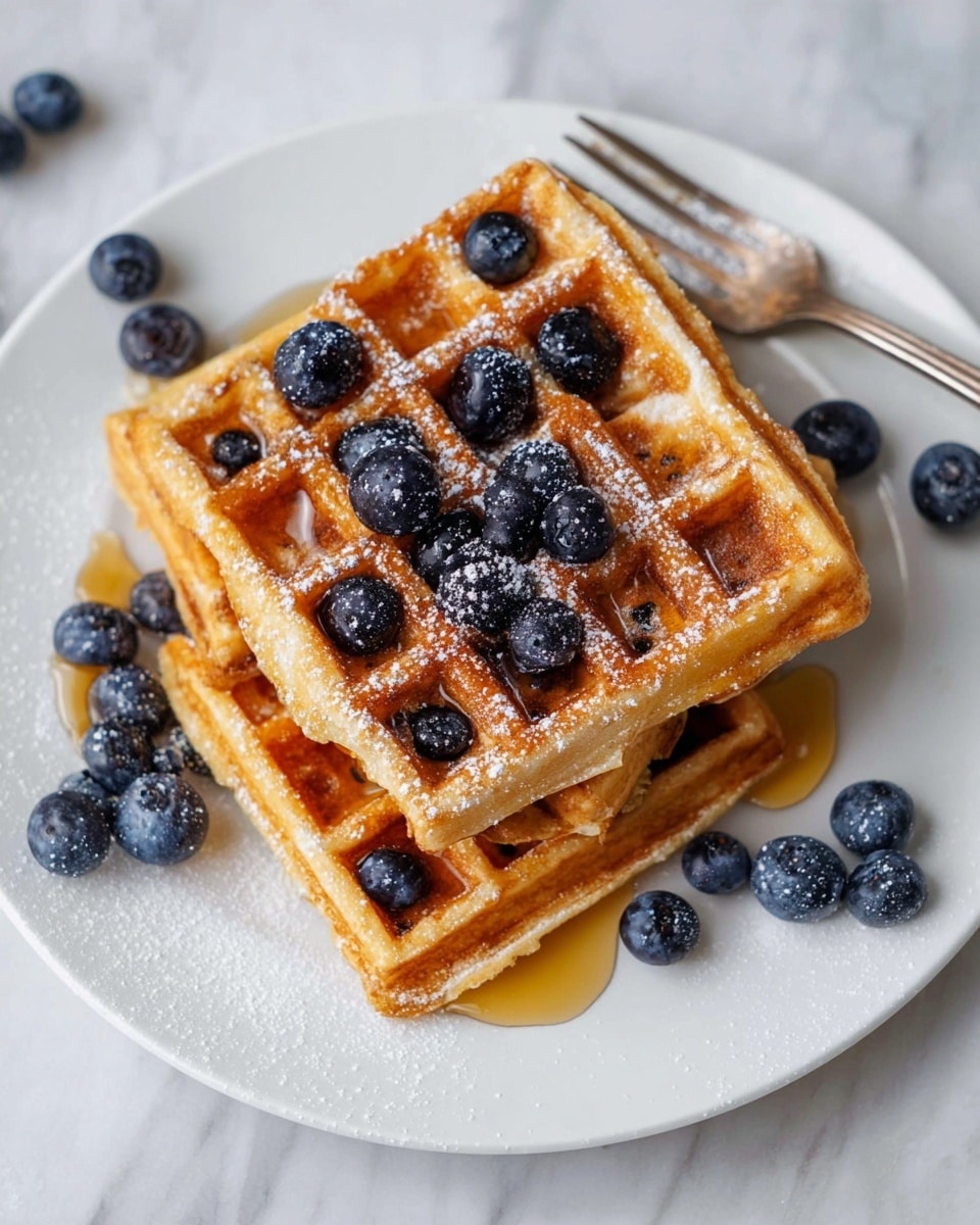 Three square waffles with a golden brown color are stacked on a white plate, topped with fresh blueberries and a light dusting of powdered sugar. A woman's hand is pouring amber syrup over the waffles, with some syrup pooling on the plate. There are extra blueberries scattered around the waffles. In the top right corner, part of another white plate holds a single waffle slice also topped with blueberries and powdered sugar. A glass of milk sits above the main plate on a white marbled surface, and a fork lies to the right of the main plate. The scene is bright and clean. photo taken with an iphone --ar 4:5 --v 7