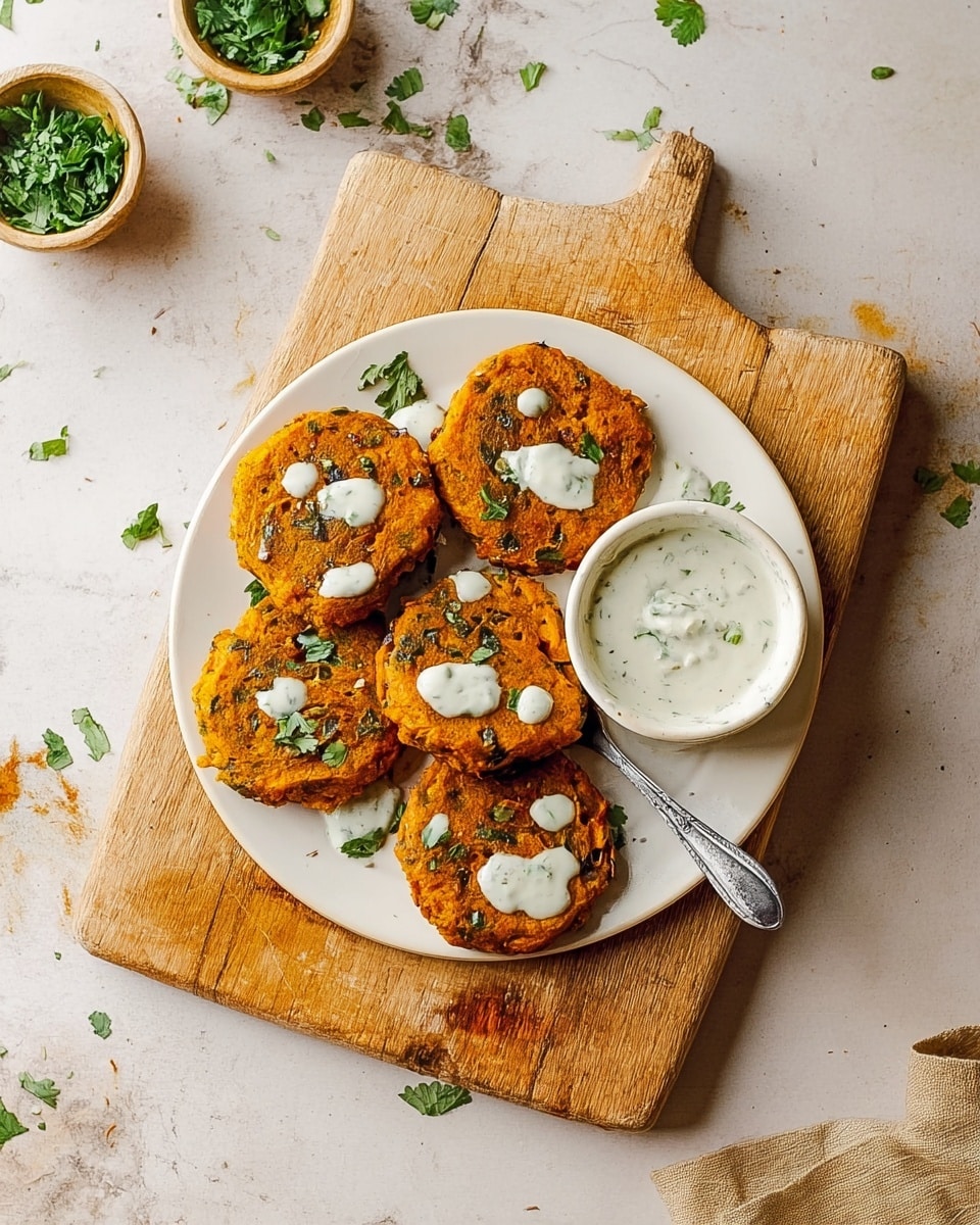 A white plate on a wooden cutting board holds seven round, flat, orange-brown fritters with a slightly rough texture and green herbs inside. They are topped with small drops and lines of white sauce, scattered with small pieces of fresh green herbs. To the right of the fritters on the plate is a small white bowl filled with a creamy white sauce with green bits, with a spoon resting inside. Around the cutting board and plate, there are small scattered green herb pieces on a white marbled surface. A small light beige bowl with green herbs is visible in the top left corner, and a beige cloth is on the lower right corner. Photo taken with an iphone --ar 4:5 --v 7