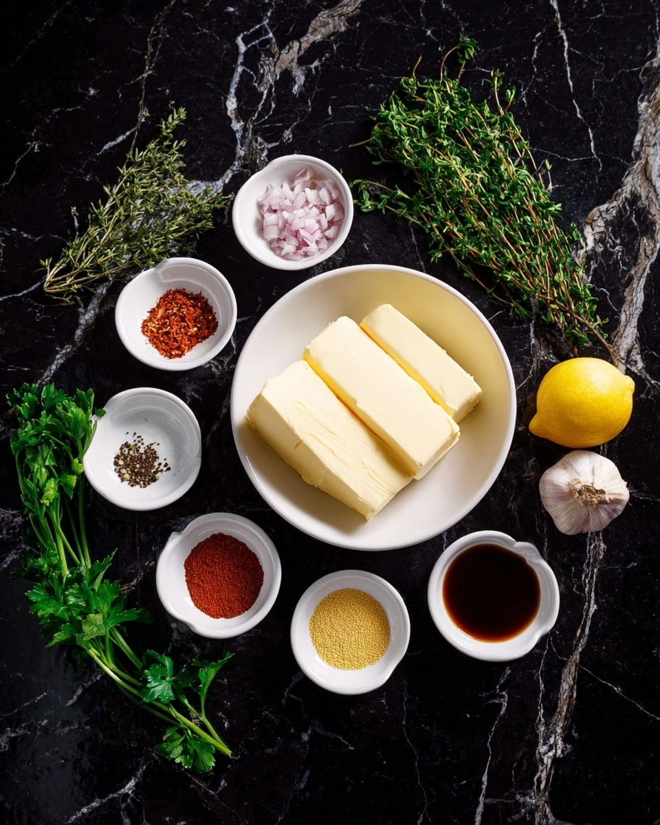 A white bowl in the center holds two thick slabs of pale yellow butter. Surrounding the bowl are eight small white bowls arranged in a loose circle filled with different seasonings and ingredients: finely chopped small pink shallots, coarse black and white pepper, white salt, yellow mustard seeds, dark brown vanilla extract, reddish-brown paprika or chili powder, and cracked black pepper. Fresh green herbs including parsley, chives, and sprigs of thyme lie around the bowls. A halved yellow lemon adds a bright touch, resting near the herbs. All these are placed on a dark black marble surface with white veins. photo taken with an iphone --ar 4:5 --v 7