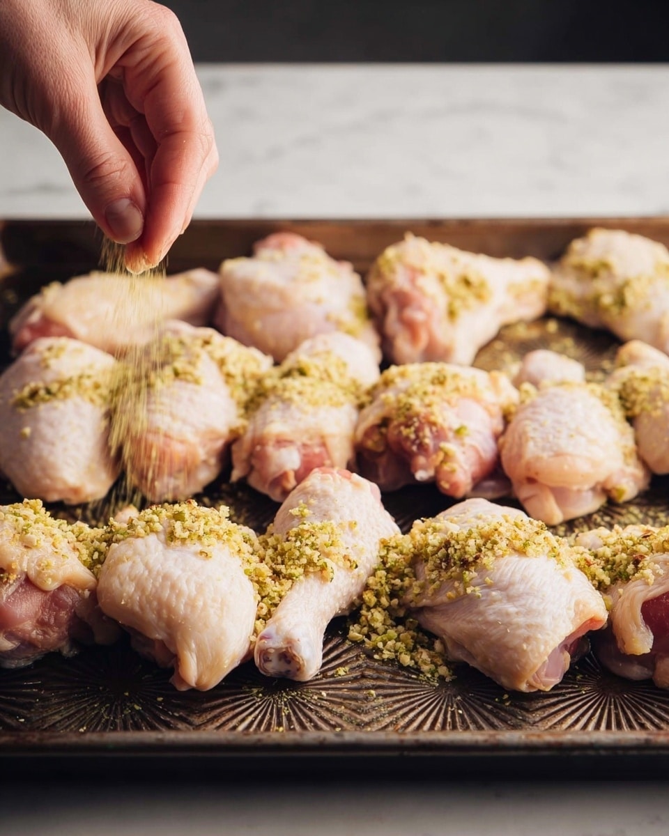 A tray shows two rows of raw chicken pieces spaced evenly; the front row has six wings and drumettes, the back row has five larger pieces. The chicken is pale pink with some white skin and fat visible. A woman's hand is gently sprinkling a coarse yellow-green herb mixture over the chicken, adding texture and color. The tray has a dark, patterned metal surface, and the background is a white marbled texture. Photo taken with an iphone --ar 4:5 --v 7