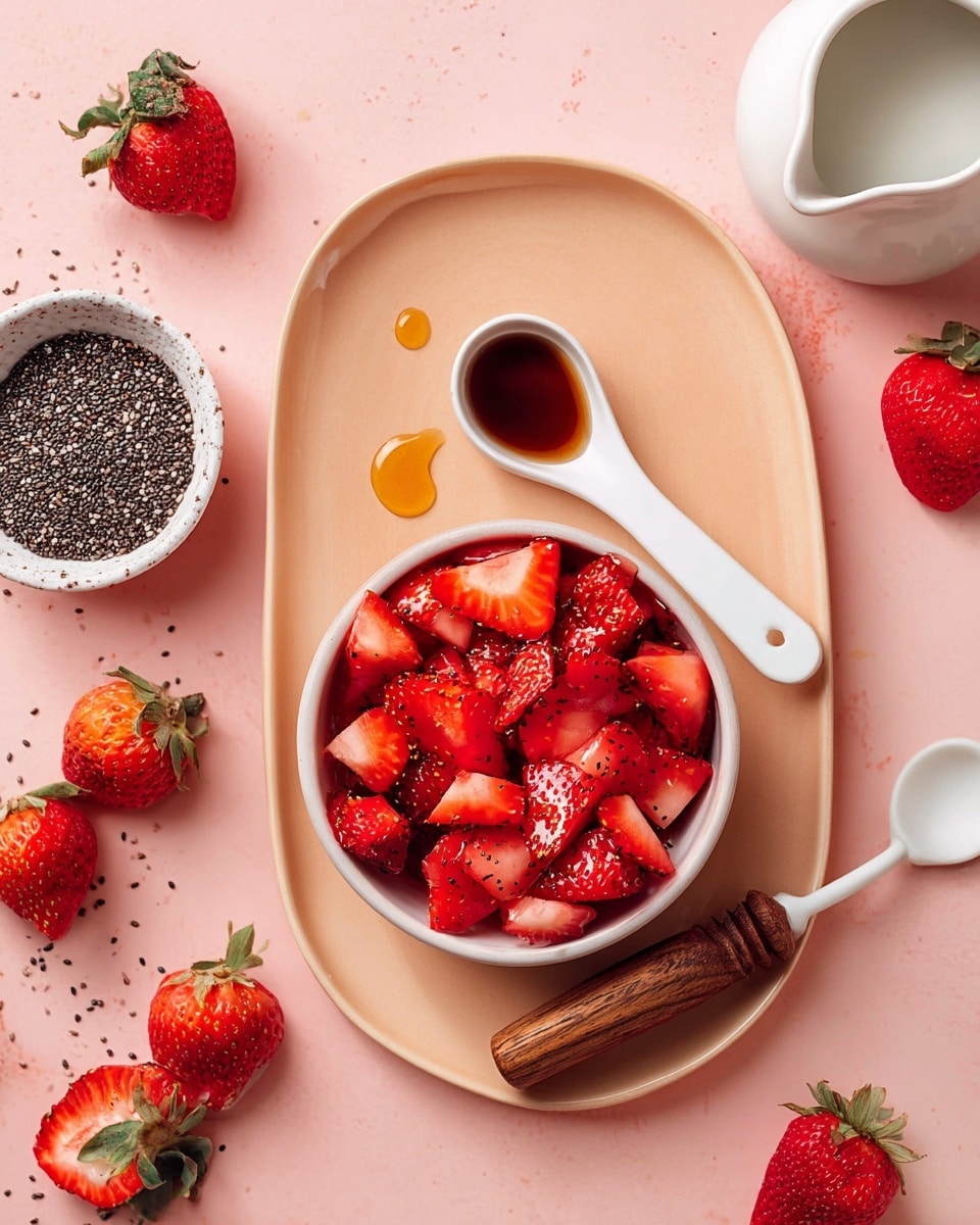 The image shows a white bowl filled with bright red, fresh strawberry pieces, placed on a pale peach oval plate. On the plate, next to the bowl, there is a wooden-handled measuring spoon filled with dark brown syrup, and a small drop of golden syrup on the plate near the strawberries. Around the plate are whole strawberries and strawberry pieces scattered on a soft pink background. Beside the peach plate, there is a small white bowl with black speckles filled with black chia seeds, and a white marbled container with milk. A white ceramic spoon with some golden syrup rests between the strawberries and the milk container. photo taken with an iphone --ar 4:5 --v 7