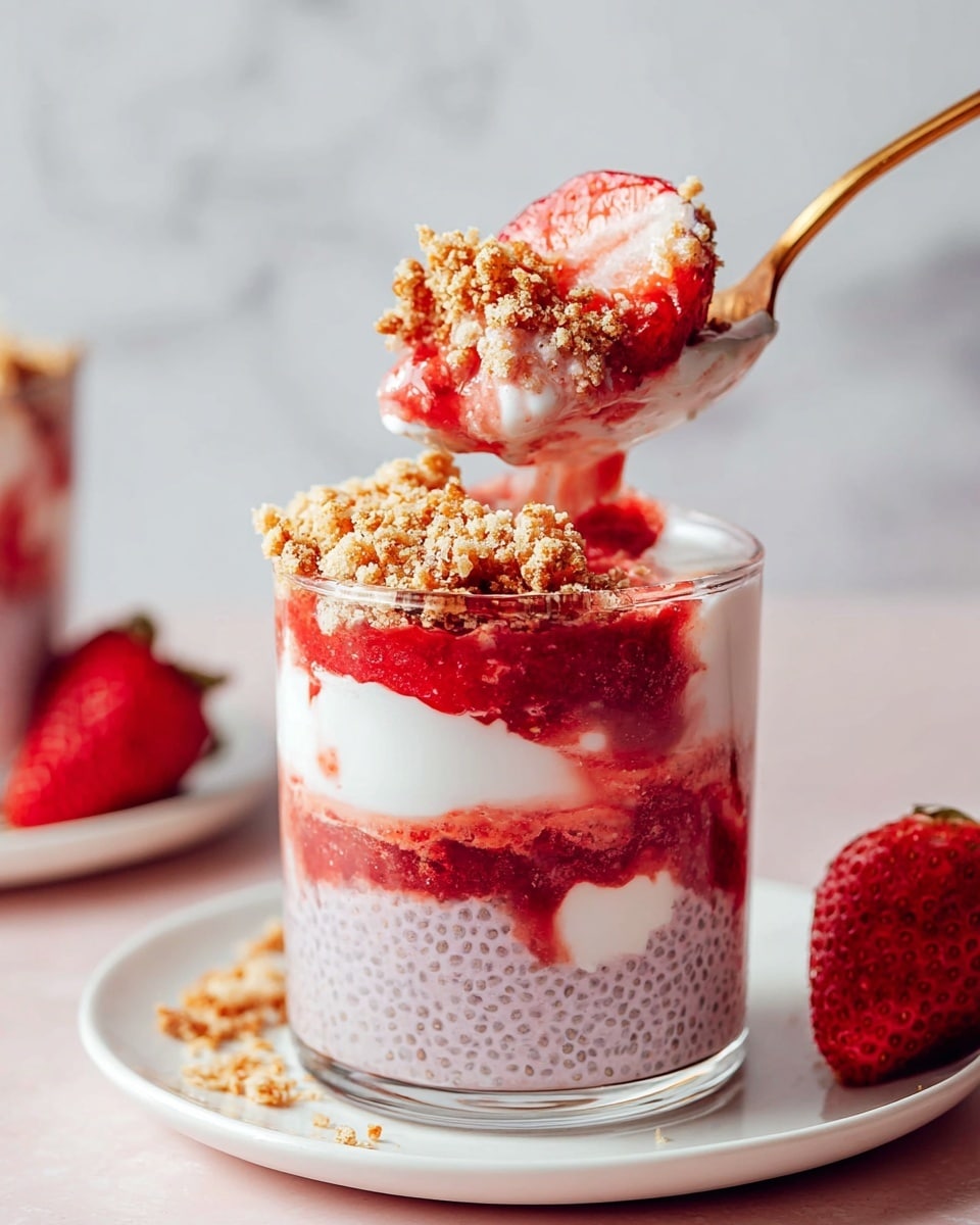 A clear glass holds a layered dessert with five visible layers: the bottom and middle layers are light purple chia pudding with a bumpy texture; between them and near the top are bright red strawberry sauce layers that look thick and slightly chunky; white creamy layers alternate with the strawberry sauce in the middle and near the top; the dessert is topped with crumbled light brown cookie crumbs. A golden spoon is lifting a scoop of the dessert showing the mix of creamy white, red sauce, and crumb topping. The glass sits on a white plate and next to it is a fresh red strawberry. The background and surface show a white marbled texture. Photo taken with an iphone --ar 4:5 --v 7