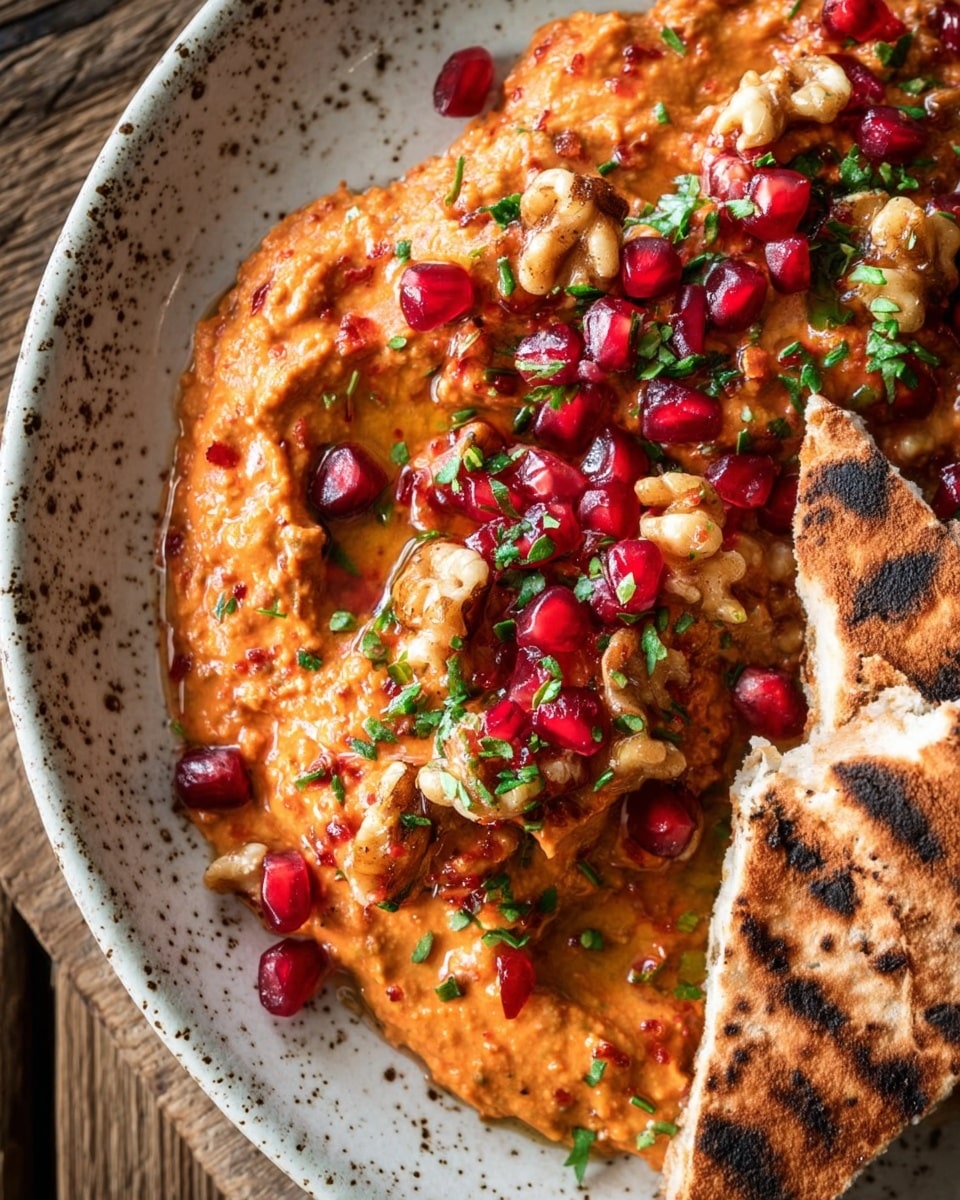 A close-up view of a beige-speckled white plate holding an orange-red creamy dip with a thick texture, dotted with chunks of light brown walnuts and bright red pomegranate seeds. The dip is sprinkled with small green chopped herbs spread evenly on top. On the right side of the plate, two triangular pieces of toasted flatbread with dark brown grill marks rest partially on the dip, showing a soft inside and crispy outside. The plate sits on a rustic wooden surface. Photo taken with an iphone --ar 4:5 --v 7