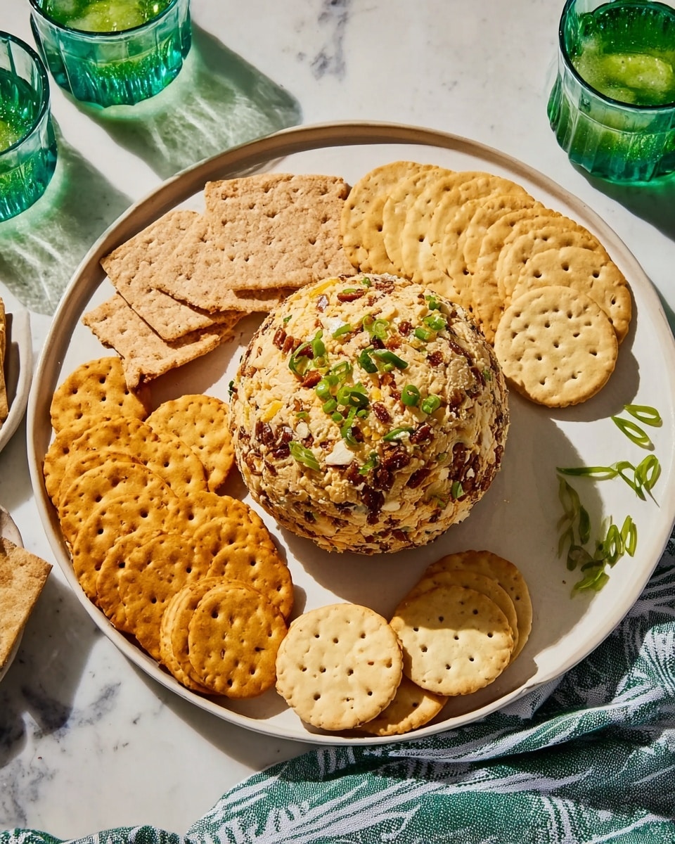 A round cheese ball covered fully in chopped pecans sits on a large white plate, which is placed on a white marbled surface. Surrounding the cheese ball are three groups of crackers: one group of square, light brown crackers at the top right, a group of round light brown crackers with visible seasoning spots at the bottom left, and another group of round, lightly speckled crackers at the bottom right. The cheese ball is textured with the uneven pieces of nuts covering its creamy surface. photo taken with an iphone --ar 4:5 --v 7