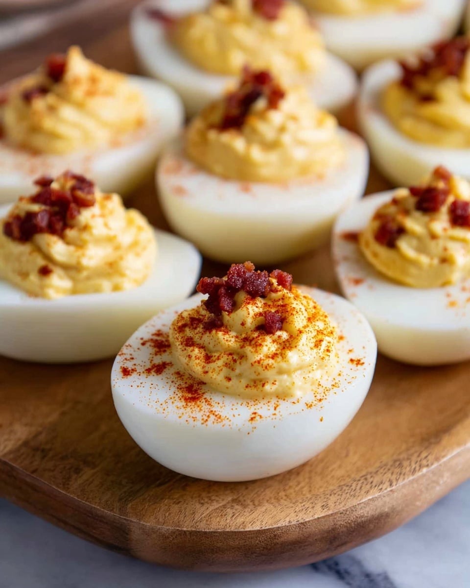 The image shows several deviled eggs placed closely together on a wooden board. Each deviled egg has a smooth, shiny white egg white base forming a hollow half-oval shape, filled with a creamy, pale yellow yolk mixture that is swirled and slightly mounded on top. Some eggs have a sprinkling of bright red paprika powder, while others have small pieces of reddish-brown bacon bits on the yolk mixture. The wooden board beneath the eggs has a natural brown texture, and a white marbled surface is visible in the blurred background. Photo taken with an iphone --ar 4:5 --v 7