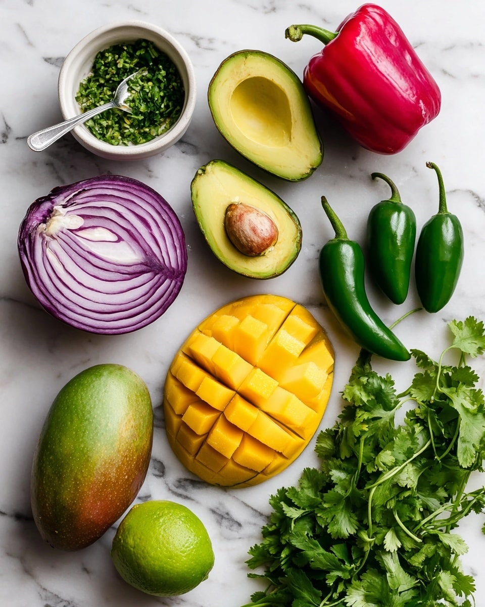 The image shows fresh ingredients arranged on a white marbled surface, including a halved red onion with purple and white layers, two avocado halves with green flesh and one seed visible, a small white bowl filled with chopped green herbs, two whole green jalapeño peppers, a bright red bell pepper, a whole green lime, a whole mango with green and brown skin, and a halved mango with a grid pattern cut into the yellow flesh and a spoon resting on it. There is also a bunch of green cilantro leaves on the right side. photo taken with an iphone --ar 4:5 --v 7