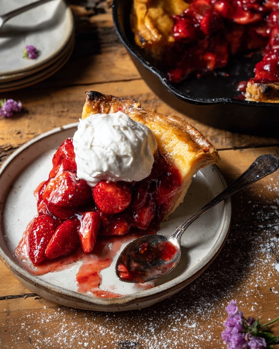 A slice of golden brown pie crust with a thick edge sits on a white plate, holding a filling of whole and halved bright red strawberries in syrup that spills over the sides. A dollop of white cream rests on top of the juicy strawberries. Next to the slice, a vintage silver spoon with traces of red syrup is placed on the plate. Part of the remaining pie with the same golden crust and strawberry filling is seen in a black cast iron pan to the right. The scene is set on a wooden surface with a dusting of sugar and small purple flower petals scattered nearby. photo taken with an iphone --ar 4:5 --v 7