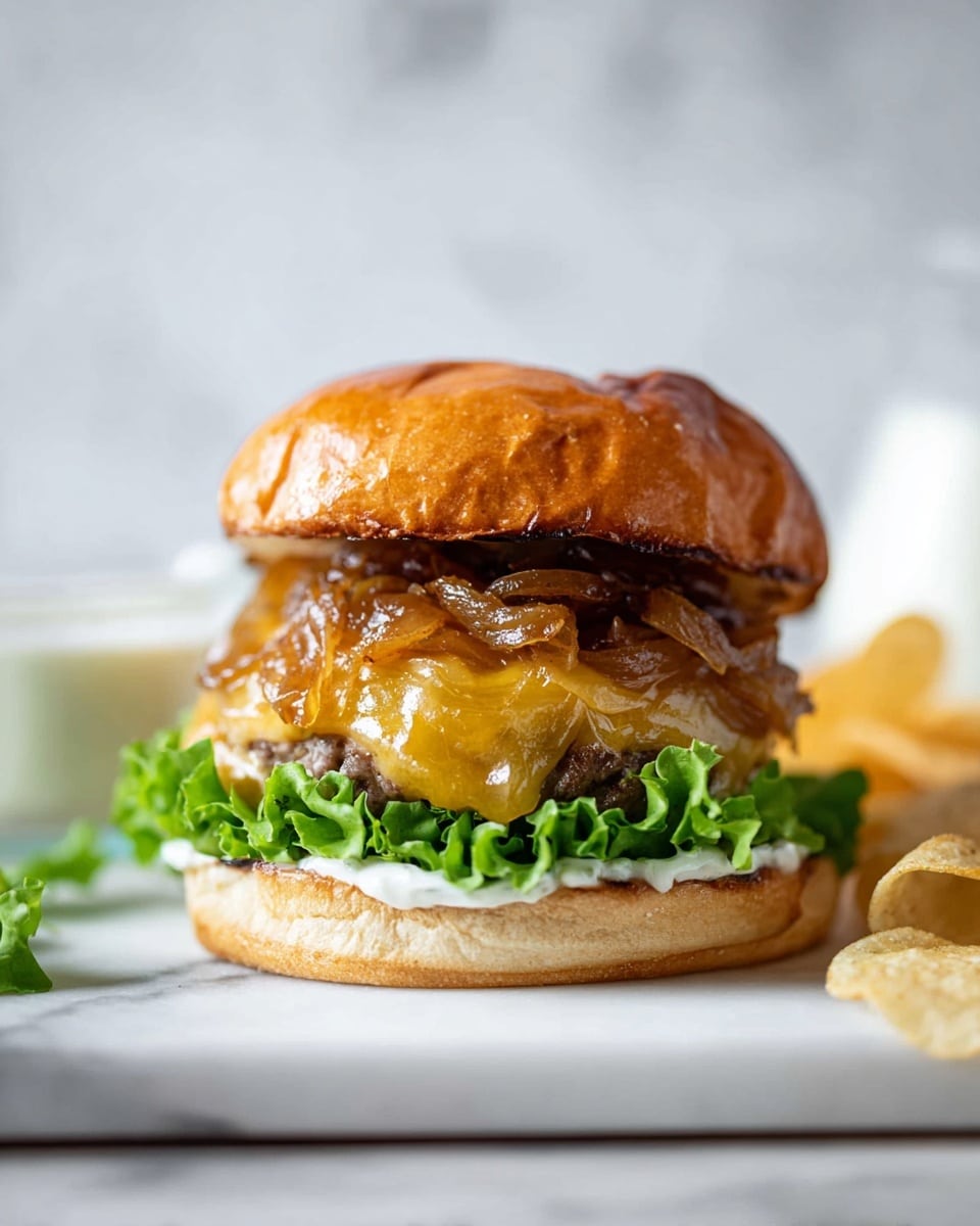 A close-up side view of a cheeseburger on a white bun with a shiny top. The bottom bun is spread with white mayo. Above it is a layer of bright green leafy lettuce. On top of the lettuce sits a medium-brown grilled meat patty covered with melted yellow cheddar cheese. Over the cheese, there is a thick pile of soft, golden caramelized onions. The top bun is propped up behind the stack, showing its toasted brown underside. The burger sits on a white marbled surface, with light-colored potato chips scattered around, and a small glass container of white sauce blurred softly in the background. photo taken with an iphone --ar 4:5 --v 7