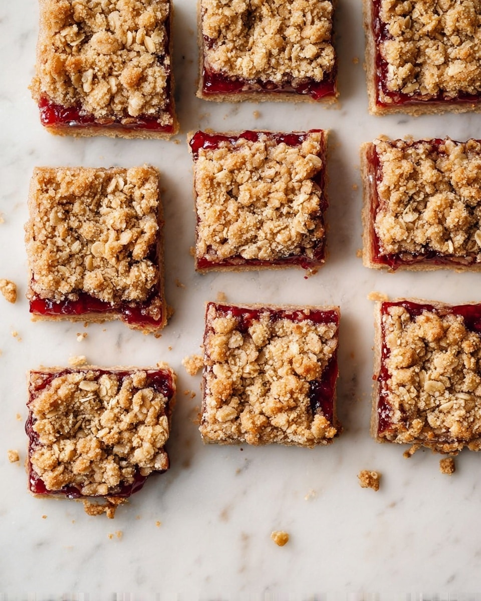 Nine square oat bars are arranged in a grid on a white marbled surface. Each bar has three visible layers: the bottom crust is light golden brown, firm and thin; the middle layer is a vibrant deep red jam, slightly visible between the top and bottom layers; the top layer is made of crumbly oat clusters, golden brown with a rough texture. Some crumbs are scattered loosely around the bars, adding texture and detail to the scene. photo taken with an iphone --ar 4:5 --v 7