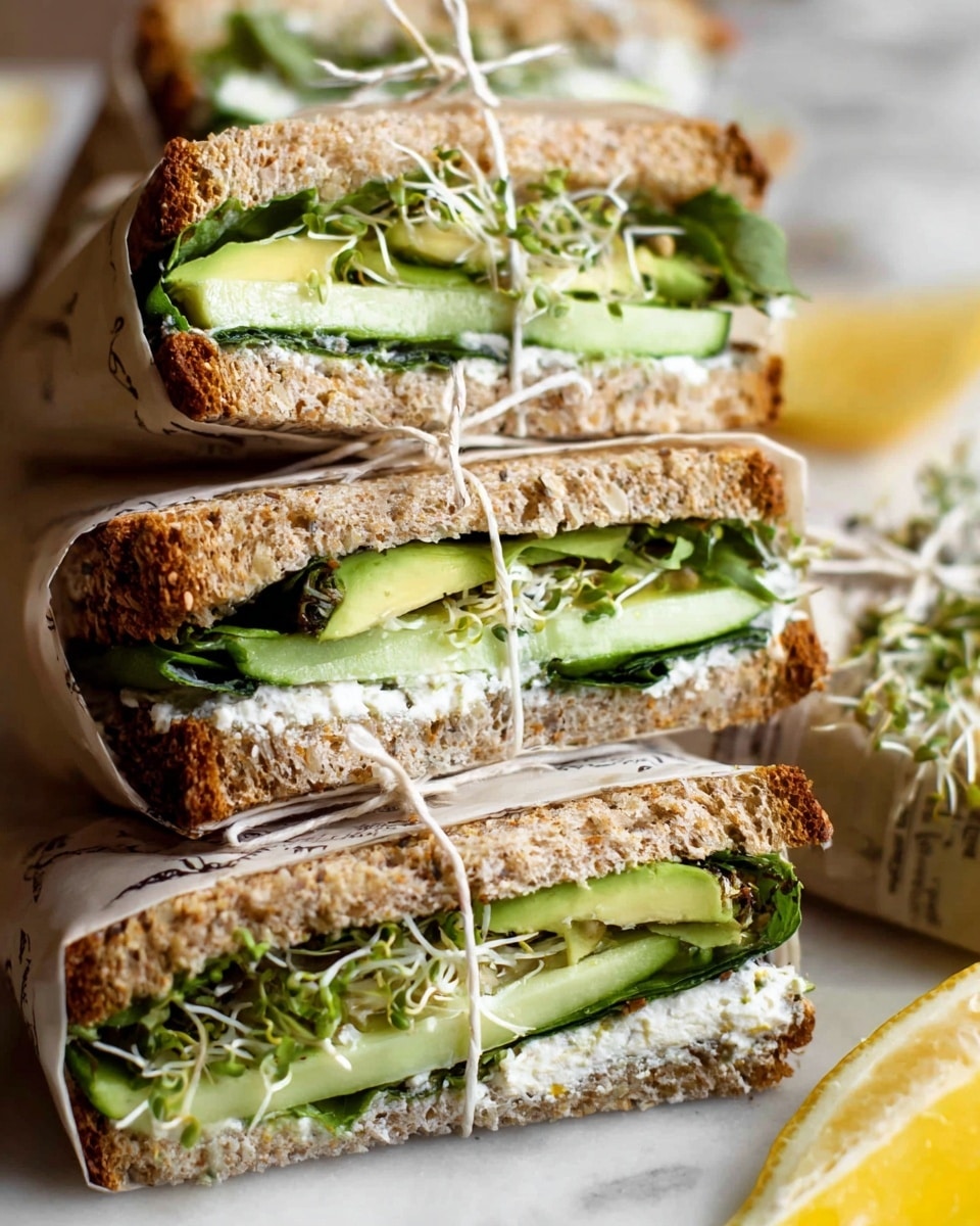 The image shows a close-up of several sandwich halves wrapped in printed paper and tied with white string, placed on a white marbled surface. Each sandwich has two layers of soft whole grain bread with a light brown color and slightly rough texture. Inside the sandwich, there is a thick layer of white cream spread, followed by green leafy vegetables, thin slices of cucumber with a fresh green color and smooth texture, and a few slices of light green avocado. On top, there is a small amount of thin, white sprouts adding a delicate texture. A slice of lemon is partially visible on the right side of the image. The scene is bright and clear, photo taken with an iphone --ar 4:5 --v 7