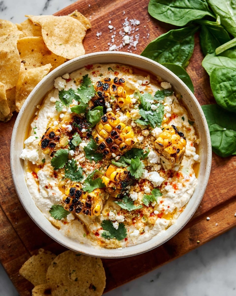 A white bowl filled with layers of creamy white dip at the bottom, topped with golden grilled corn pieces that have black grill marks, and scattered fresh green cilantro leaves. There are small white crumbles of cheese sprinkled across the dish, adding texture, and a light drizzle of orange oil or sauce pooling around some corn pieces. The bowl sits on a wooden board with a few crispy chips sprinkled with salt near the top left corner, and some fresh spinach leaves nearby, all set against a white marbled surface. photo taken with an iphone --ar 4:5 --v 7