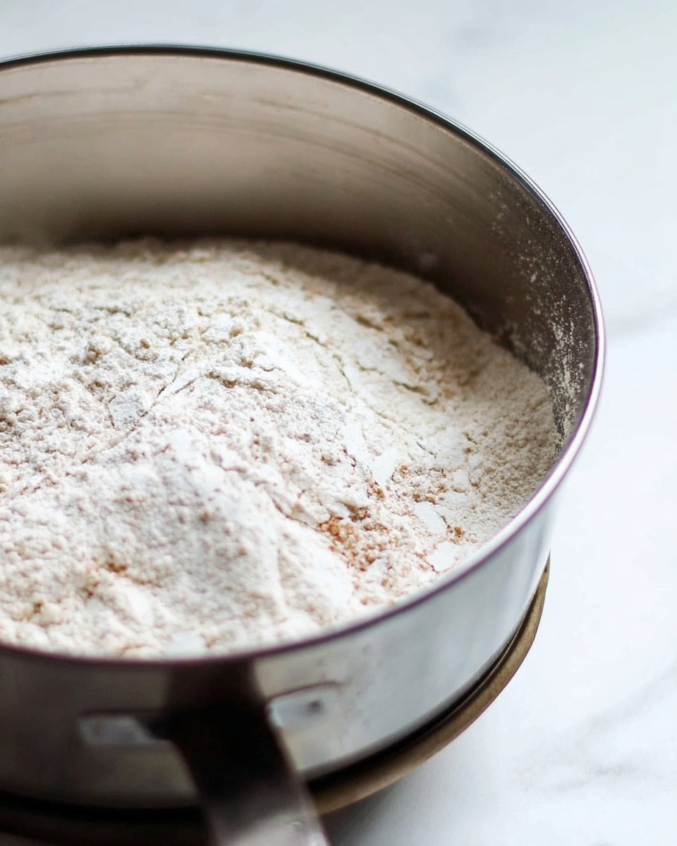 A close-up of a silver mixing bowl filled with a fine white powder that has a few light brown specks scattered on top, giving it a slightly speckled appearance. The mixture is heaped with uneven texture, showing some grooves and small cracks across the surface. The bowl sits on a white marbled surface, and the edge of the bowl and its handle are visible in the foreground. photo taken with an iphone --ar 4:5 --v 7