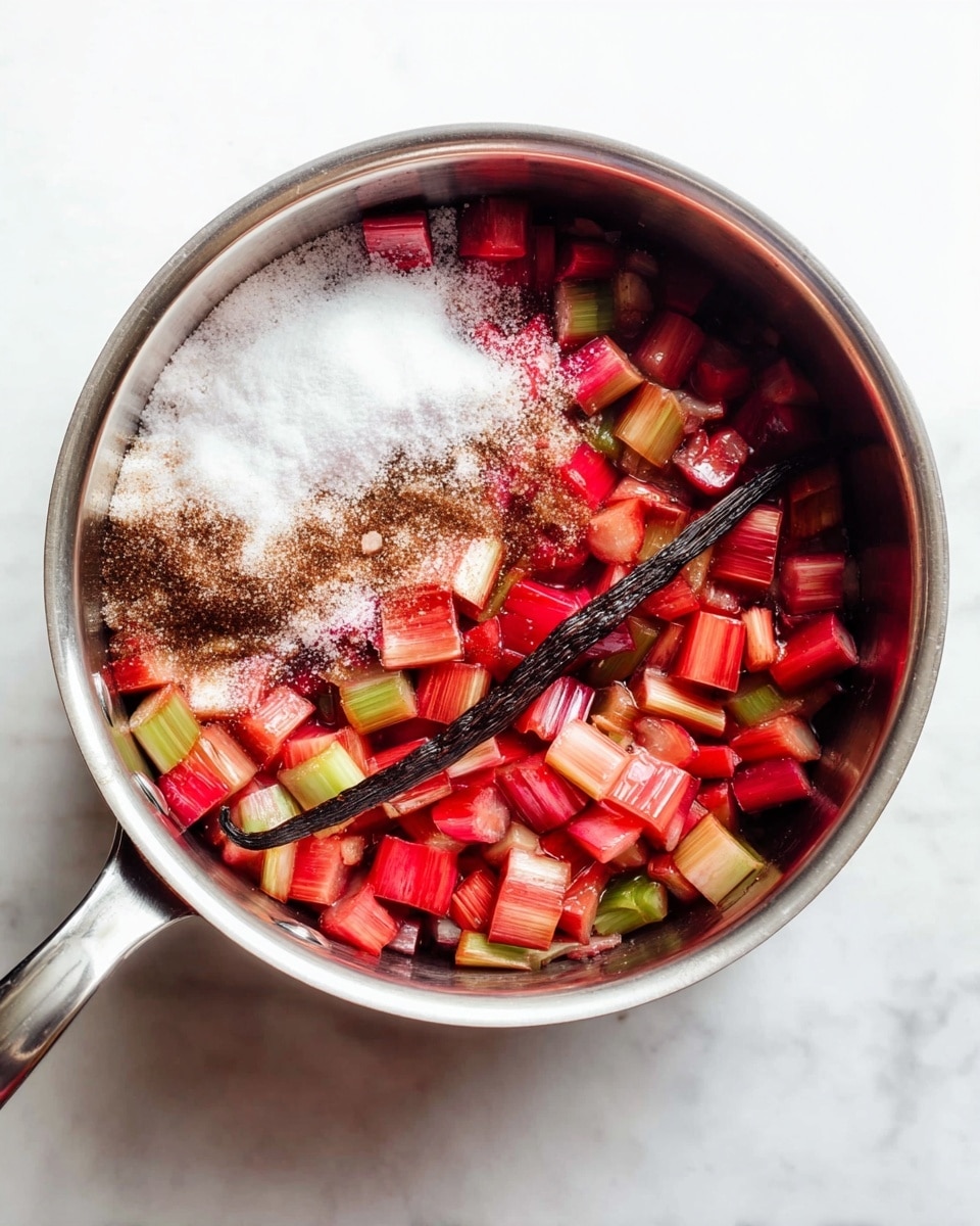 A shiny silver pot holds bright red and green chopped rhubarb pieces spread evenly inside. On top, there is a thick layer of white sugar and light brown powder sprinkled all over the rhubarb, with one dark brown vanilla bean pod laying horizontally near the bottom center. The pot is set on a smooth white marbled surface. Photo taken with an iphone --ar 4:5 --v 7