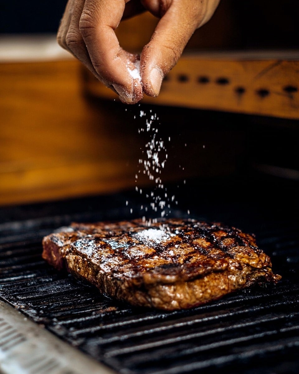 A close-up of a cooked steak resting on a grill with dark grill marks, showing a rich brown color with some charred edges. Above the steak, a man's hand is sprinkling coarse salt onto the meat, with salt crystals falling in midair. The grill has black grates with some grease stains visible. The background behind the grill shows a wooden texture, and the overall lighting highlights the rich texture of the steak. Photo taken with an iphone --ar 4:5 --v 7