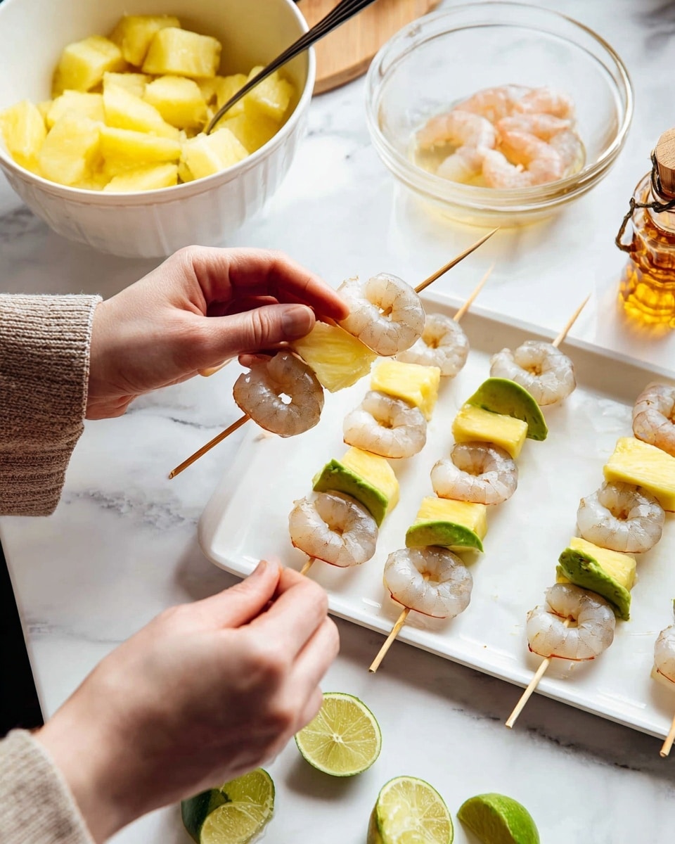 A woman's hands are shown threading skewers with four layers each: a large shrimp with a light gray shell, a bright yellow pineapple chunk, a green avocado slice with a smooth texture, and another shrimp similar to the first. Several finished skewers rest on a white tray on a white marbled surface. In the background, there is a white bowl filled with more yellow pineapple chunks with a fork inside it and a clear glass bowl containing raw shrimp soaked in a light liquid. A small bear-shaped bottle of honey and lime wedges lie nearby. The photo is taken with an iphone --ar 4:5 --v 7