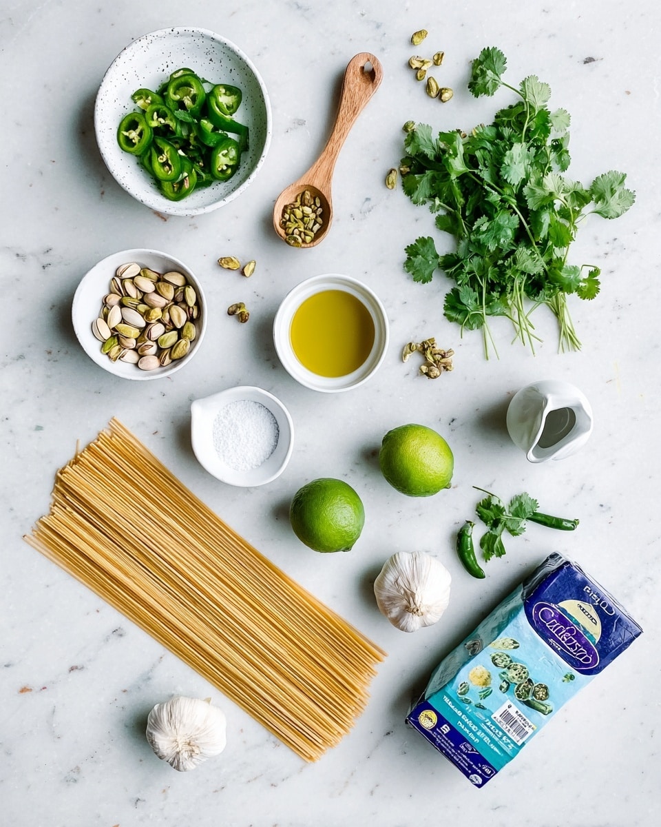 The image shows ingredients neatly arranged on a white marbled surface. At the bottom right, there is a pack of raw spaghetti pasta with blue and white packaging. Above it and slightly to the left, a cluster of fresh green cilantro is spread out. To the left of the cilantro, there is a small pile of shelled pistachios. Above the pistachios, a white round bowl holds sliced green chili peppers. Next to the bowl on the left, there is a small wooden spoon. Moving further up, there is a whole lime and a halved lime placed near each other. To the right of the limes, there is a white bowl filled with golden oil, a smaller white bowl with salt, and a white small jug. Above these, a full white garlic bulb and a bowl with peeled garlic cloves are placed. A whole green chili pepper lies on the top right corner, and a few small cilantro leaves are scattered above the garlic. photo taken with an iphone --ar 4:5 --v 7