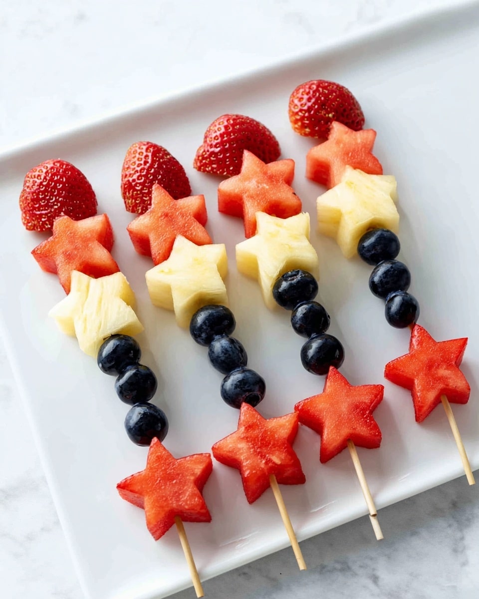 Five fruit skewers lie side by side on a white rectangular plate over a white marbled surface. Each skewer has five layers from top to bottom: a red watermelon star, a red strawberry half, a pale yellow pineapple star, a group of three dark blue blueberries, and a red watermelon star at the bottom. The fruits show fresh, smooth textures with bright colors standing out clearly. The wooden skewers are thin and light brown, partially visible at the bottom of each skewer. The photo taken with an iphone --ar 4:5 --v 7