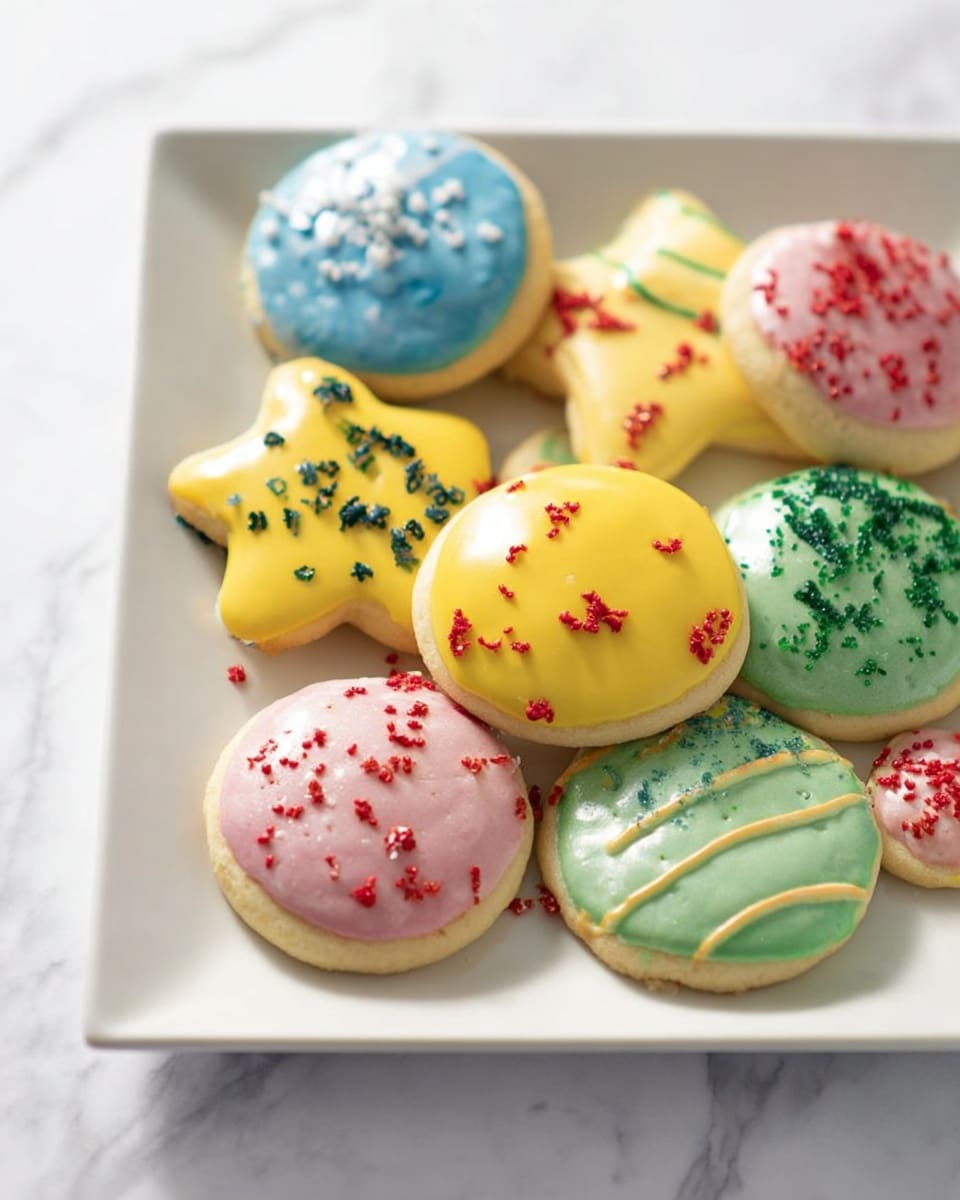 The image shows a white square plate on a white marbled surface holding a variety of colorful cookies. There are nine cookies visible, each decorated with smooth, glossy icing in different colors and sprinkled with small red or green bits. The shapes include rounds and one star in the center, coated in yellow icing with red sprinkles. Other cookies have blue, pink, green, and yellow icing with decorative sprinkles or stripes. The icing layers are thick and shiny, covering the entire top surface of each cookie, creating a bright and playful visual. Photo taken with an iphone --ar 4:5 --v 7
