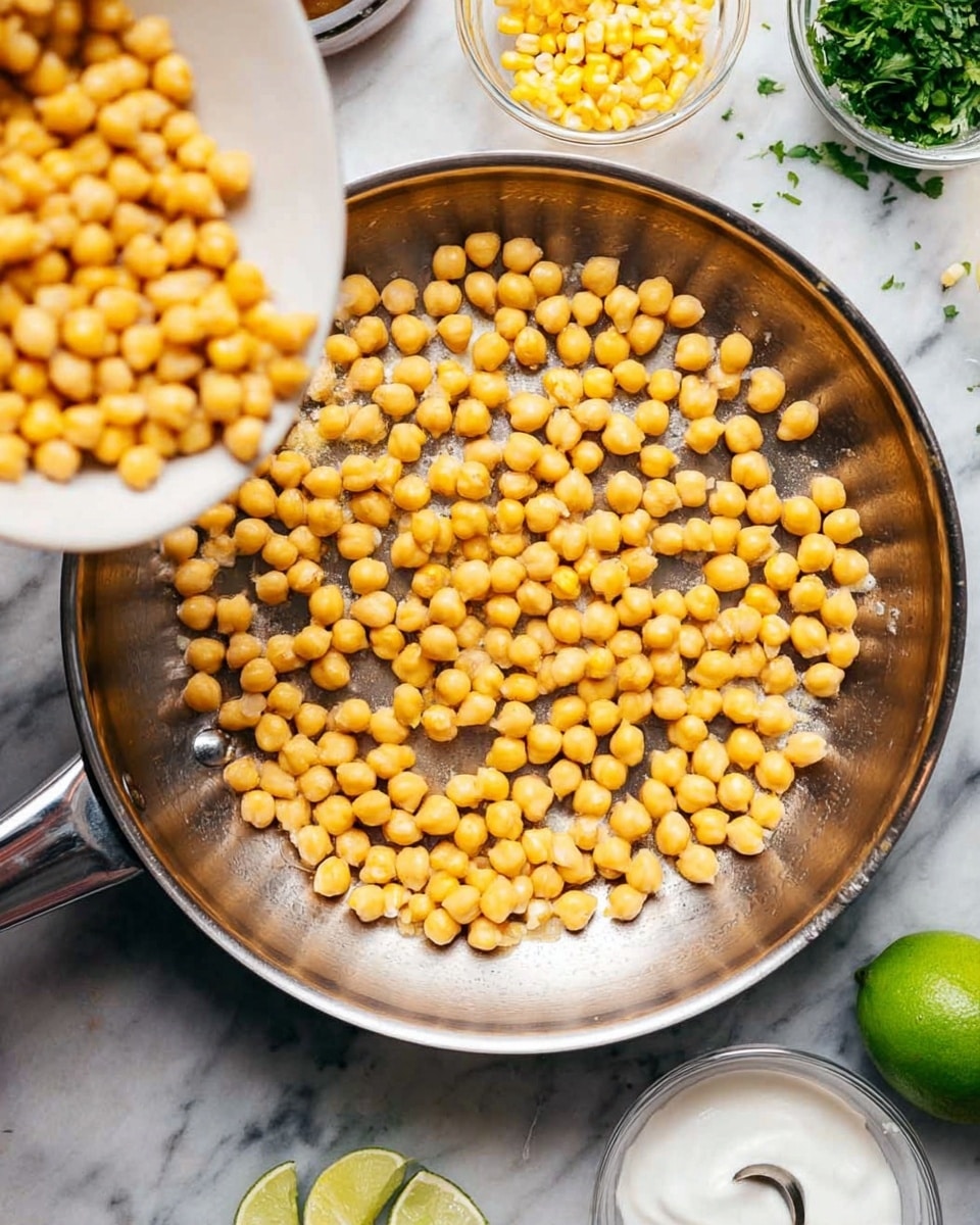 The image shows a close-up top view of a shiny silver frying pan with many yellow chickpeas inside. A white bowl is tilted in the top left corner, pouring more chickpeas into the pan. Around the pan on a white marbled surface, there are small white bowls with green herb leaves, dark sauce, sour cream, lime wedges, and golden corn pieces. The colors are mainly yellow, white, green, and silver. photo taken with an iphone --ar 4:5 --v 7