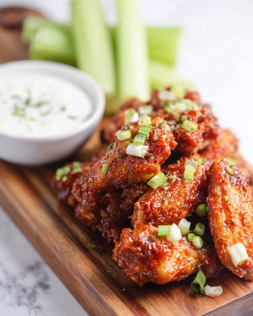 This image shows a wooden board with a pile of shiny, reddish-brown chicken wings covered in sauce and sprinkled with small green onion pieces on top. Behind the wings, there are long light green celery sticks stacked together. To the left side, there is a white bowl filled with thick white sauce. The wooden board is placed on a white marbled surface. The focus is on the wings in the front while the celery and sauce bowl are slightly blurred in the background. photo taken with an iphone --ar 4:5 --v 7