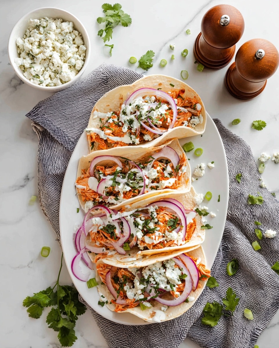 A white plate holds four soft tacos layered with shredded orange chicken, fresh green chopped herbs, and slices of purple-red onion arranged in circular shapes on top. There is a drizzle of white sauce over the filling. Around the plate, there are scattered green herb leaves and small green onion pieces. To the side on a soft gray cloth, a small white bowl is filled with crumbly white cheese with light green specks. Two wooden pepper grinders stand nearby on a white marbled surface. photo taken with an iphone --ar 4:5 --v 7