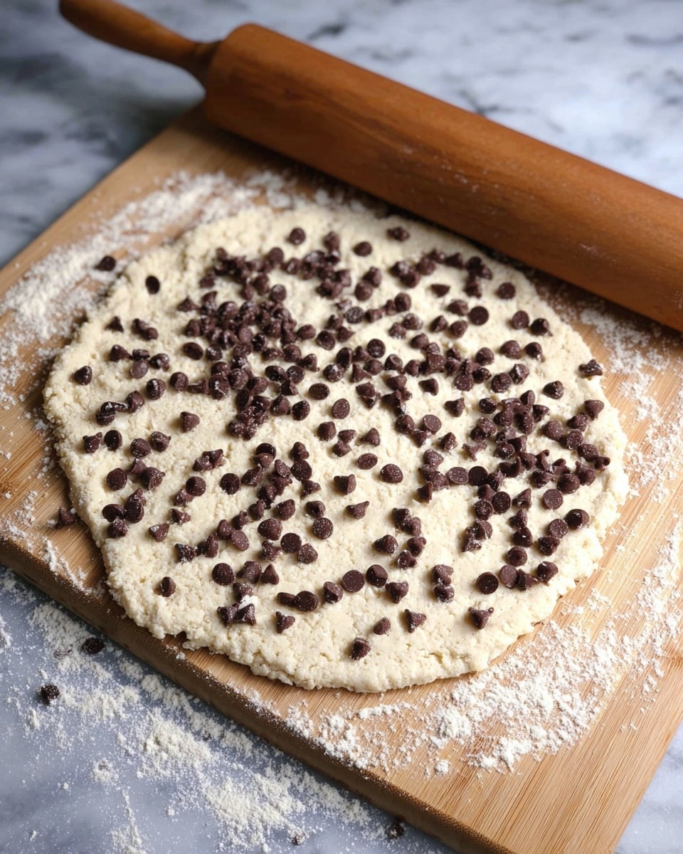 A rolled out dough sheet with a rough round shape lies on a light wooden cutting board sprinkled with flour. The dough is pale and textured, scattered evenly with small dark brown chocolate chips across its surface. Above the board, a wooden rolling pin rests parallel to the top edge. The background is a white marbled texture. photo taken with an iphone --ar 4:5 --v 7