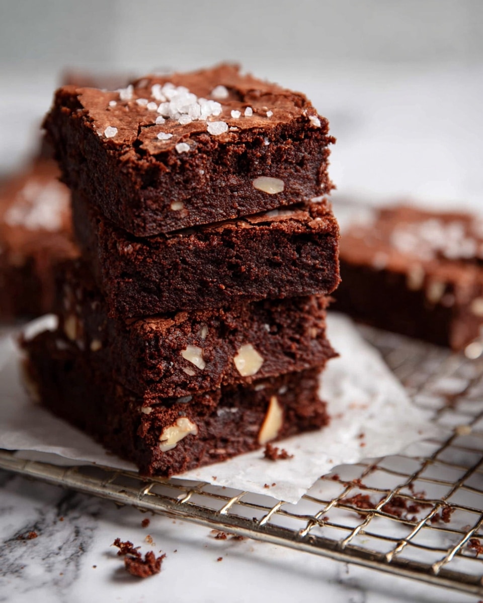 A stack of seven thick, square chocolate brownies with a cracked, shiny top layer sprinkled with small pieces of white salt, placed on a metal cooling rack over a white marbled surface; the brownies have a rich, dense texture with some crumbs scattered around. photo taken with an iphone --ar 4:5 --v 7