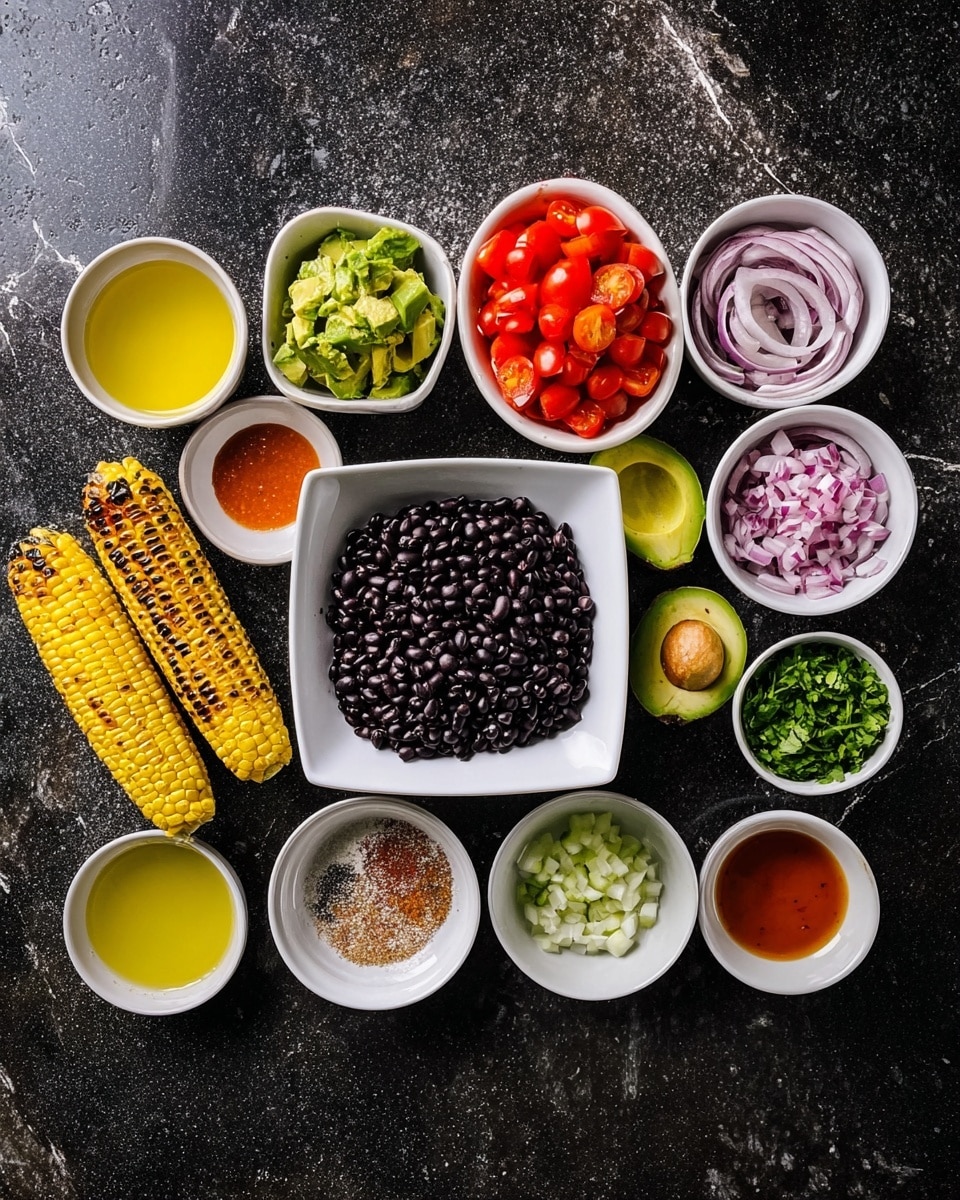 A top view display shows several white bowls and a white plate placed on a dark textured surface (to be changed to white marbled texture), each holding different fresh ingredients arranged in a circle. In the center is a square white plate filled with shiny black beans. Surrounding it are small white bowls containing bright red cherry tomatoes cut in halves, light yellow-green avocado half next to a whole avocado, chopped red bell peppers, fresh green chopped herbs, and finely chopped purple onions. Two grilled corn cobs with a golden yellow and light brown char are placed next to the beans. Additional small bowls hold light yellow oil, a clear liquid, bright red sauce, a golden liquid, coarse salt, black pepper, light green diced pickles, and a beige powder, all ready for cooking. Photo taken with an iphone --ar 4:5 --v 7