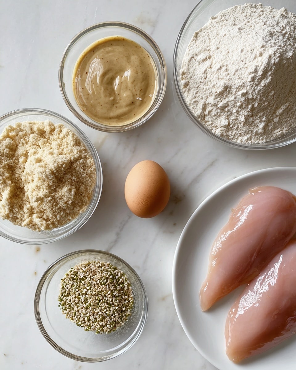 The image shows a white marbled surface with five clear glass bowls and a white plate arranged. One glass bowl holds a light brown creamy mustard-like sauce, another bowl contains a pale beige breadcrumb-like mixture, and a third bowl is filled with white flour. A single brown egg is placed in a small glass bowl at the center. Another bowl contains a mixture that looks like sesame seeds with green herbs. On the white plate, three raw, glossy pink chicken fillets are placed close to each other. photo taken with an iphone --ar 4:5 --v 7