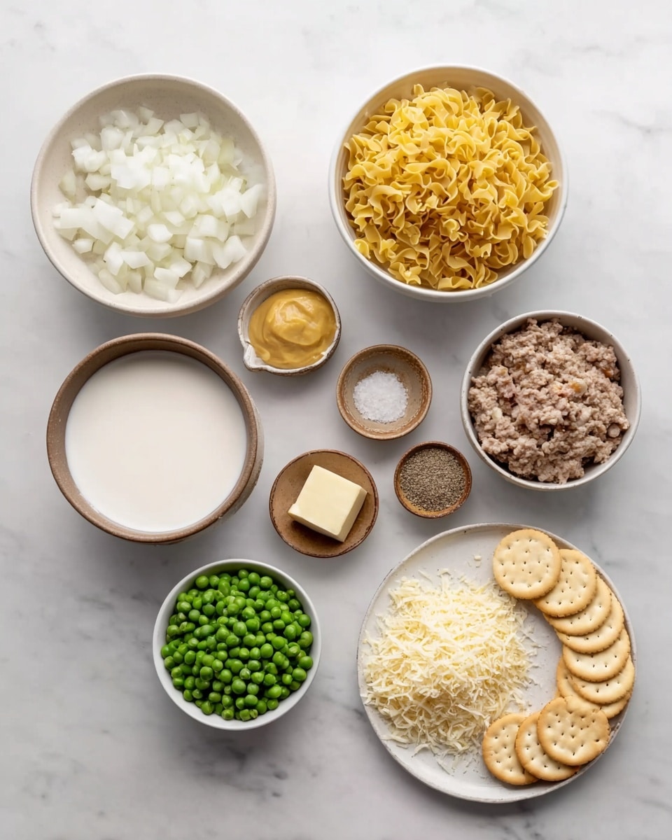 The image shows several small bowls and one plate arranged on a white marbled surface, each filled with different ingredients. There is a white bowl with diced white onions in the top left, a small brown bowl with a dollop of mustard near it, a white bowl filled with dry yellow egg noodles in the center, and another white bowl containing a meat mixture next to a small brown bowl with a pat of butter. Below, a white bowl holds fresh green peas, and to its right, a small plate holds seasoned salt, black pepper, and garlic powder. A larger brown bowl contains grated pale yellow cheese, and directly underneath, a white plate displays two rows of round saltine crackers. A large white bowl of milk is located in the bottom left corner. Photo taken with an iphone --ar 4:5 --v 7